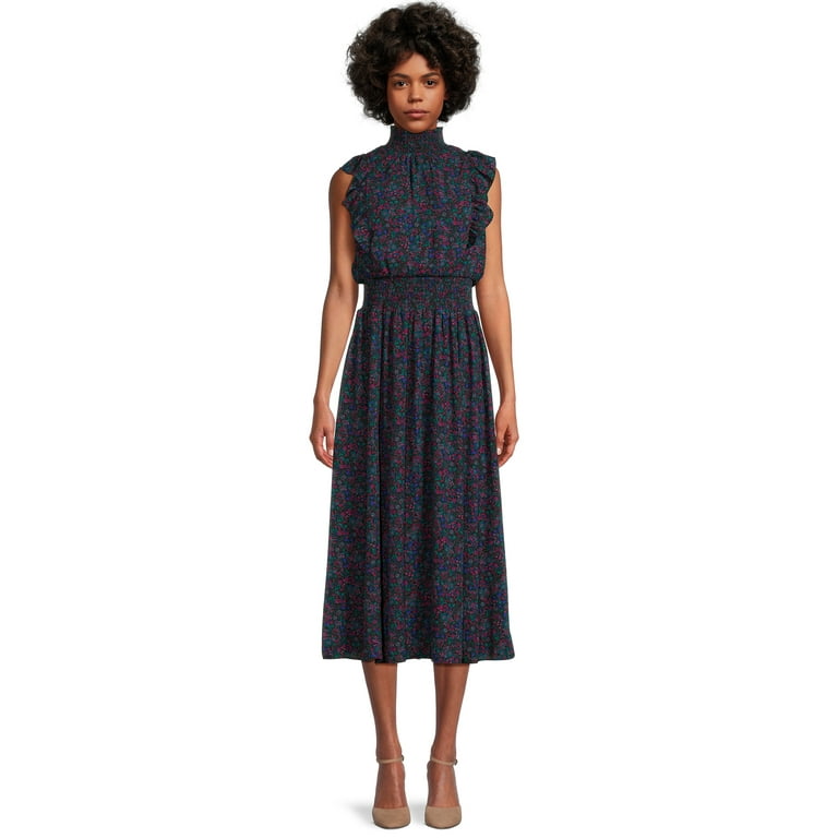 BCBG Paris High Neck Smocked Floral Print Midi Dress Sizes XS