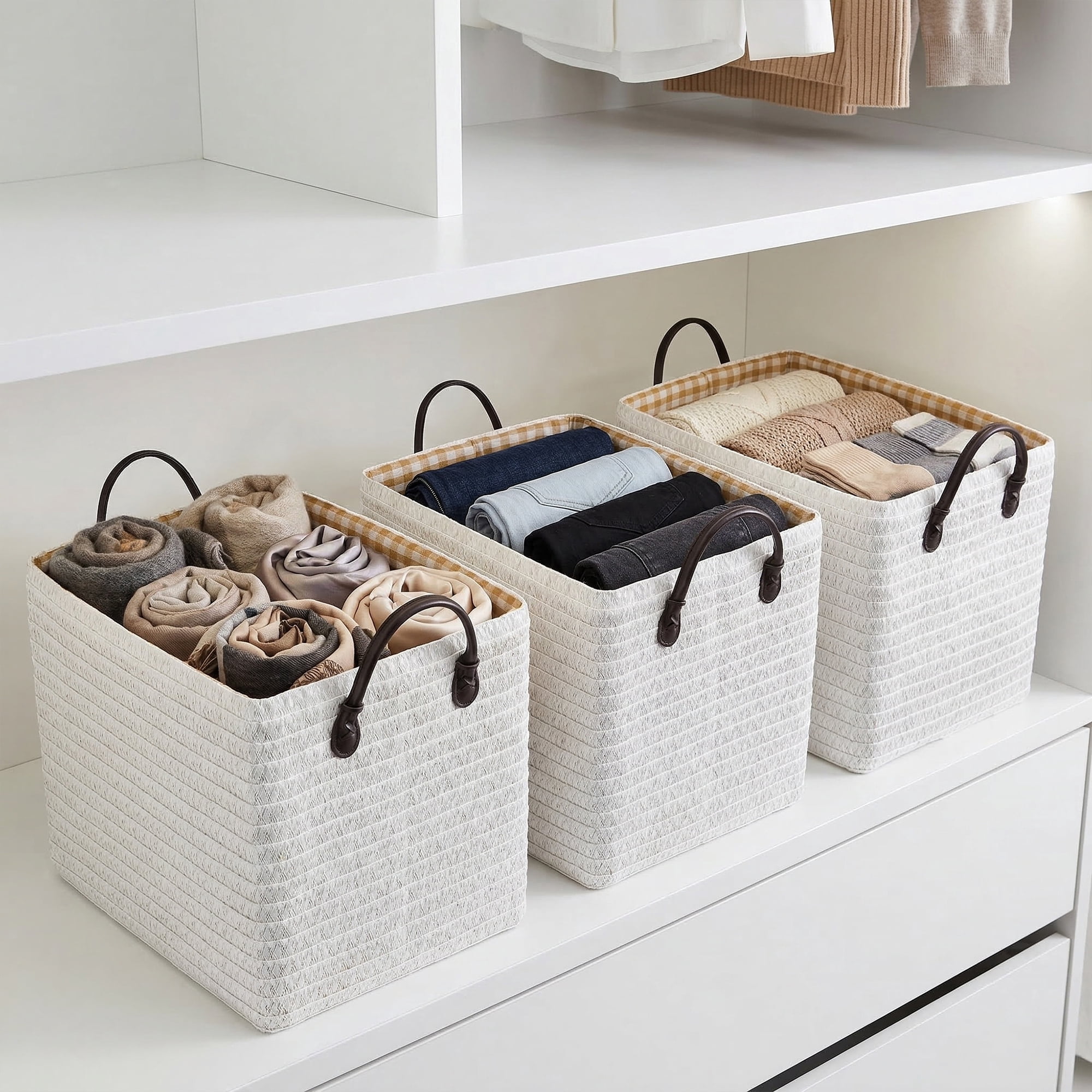 Unique Bargains Compactable Woven Storage Basket Storage Bin White 11.8*9.1*11.4in