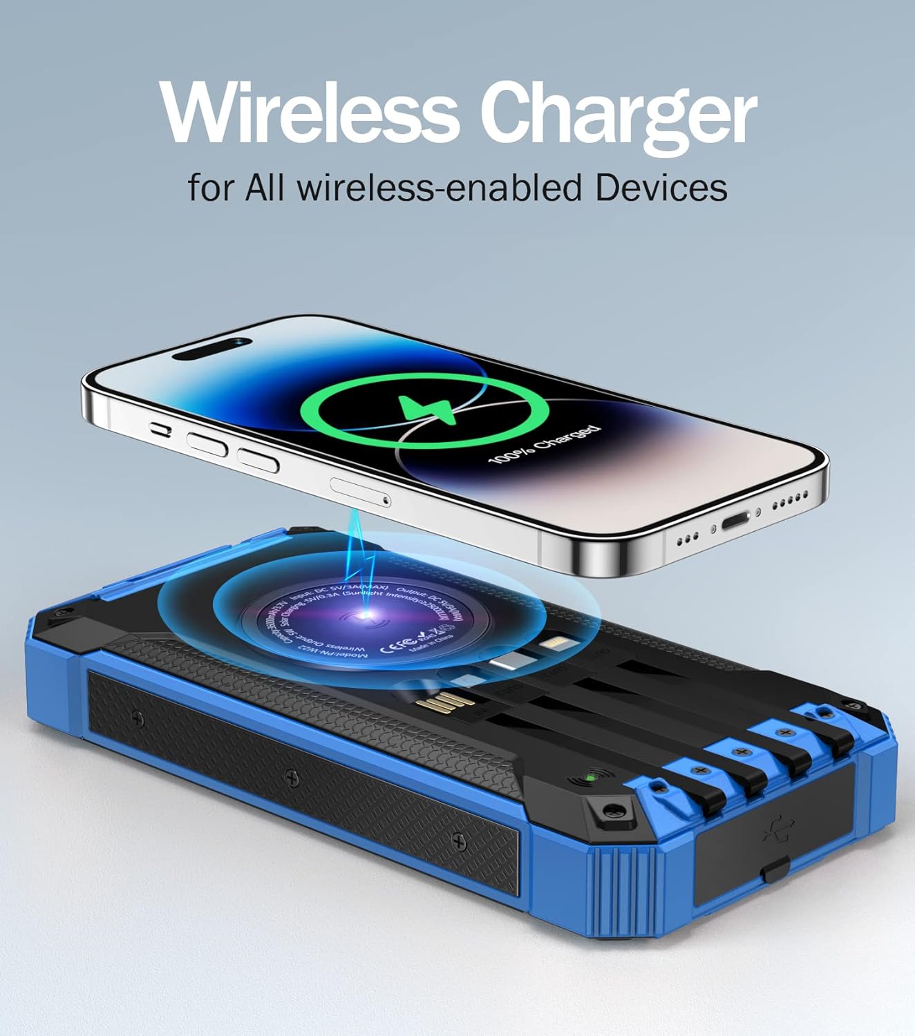 36000mAh Solar Power Bank - 15W Fast Charging Wireless Charger with Cables, Flashlights & Carabiner