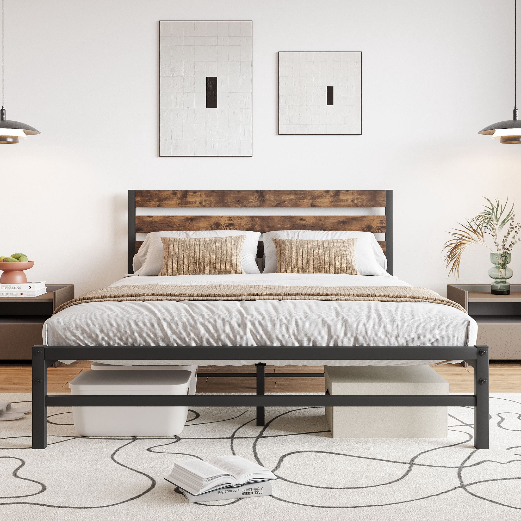 Aukfa Queen Size Platform Bed, Metal Bed Frame with Wood Headboard, Rustic Brown