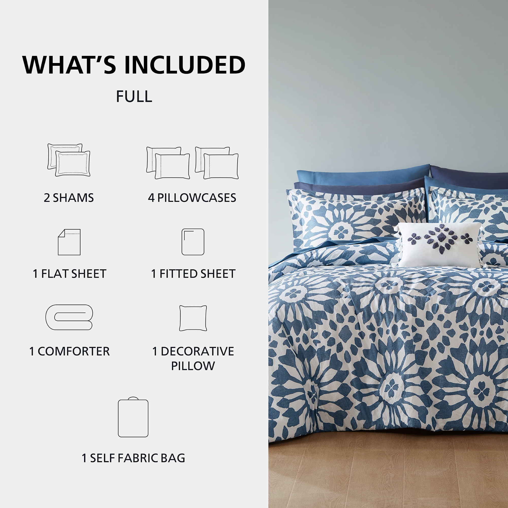 Mainstays All in One Reversible Comforter and Sheet set- 11 Piece, Full, Indigo Tile Print