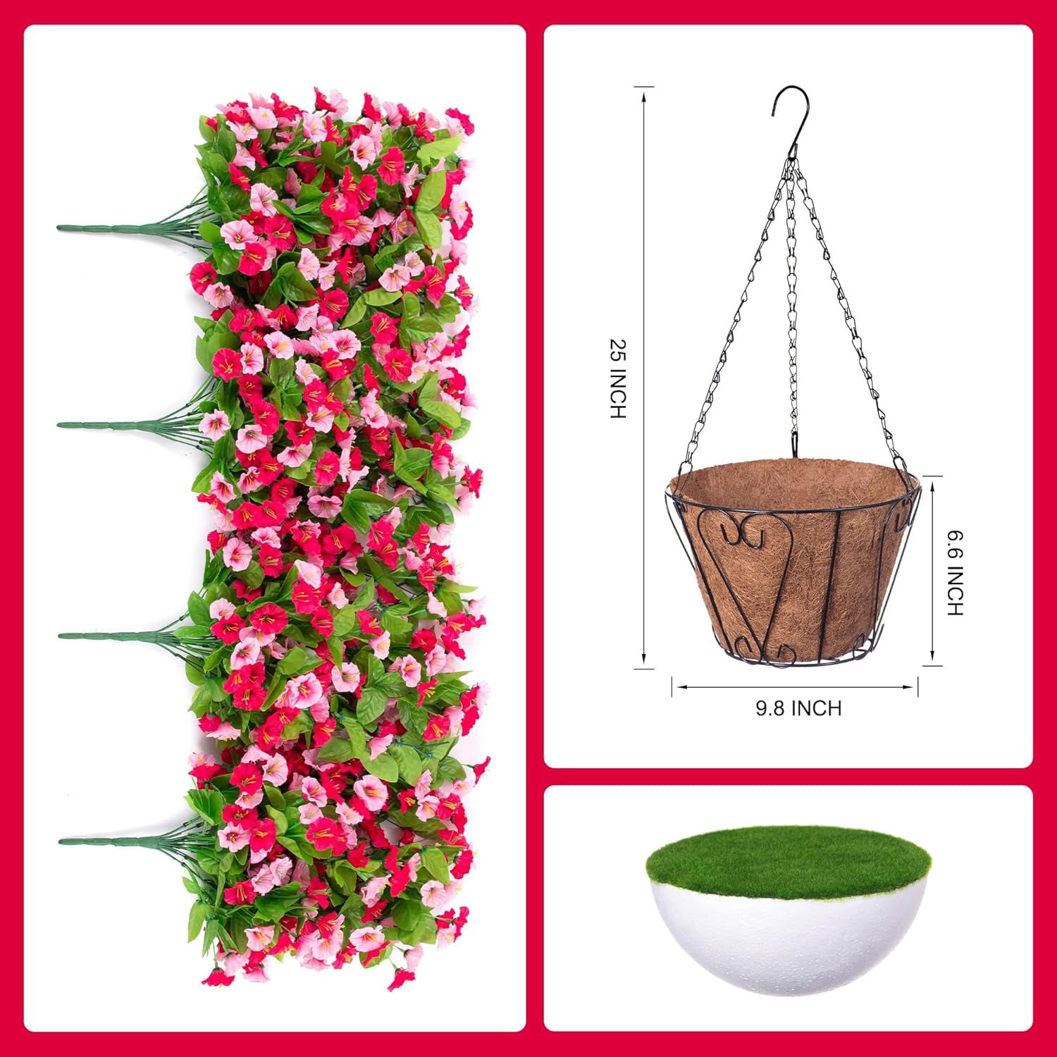 Hanging Baskets with Artificial Flowers for Plants Outdoor Indoor, Faux Silk Morning Glory Vines, Faux Green Plant Arrangement for Garden Patio Decoration(Darkorchid)