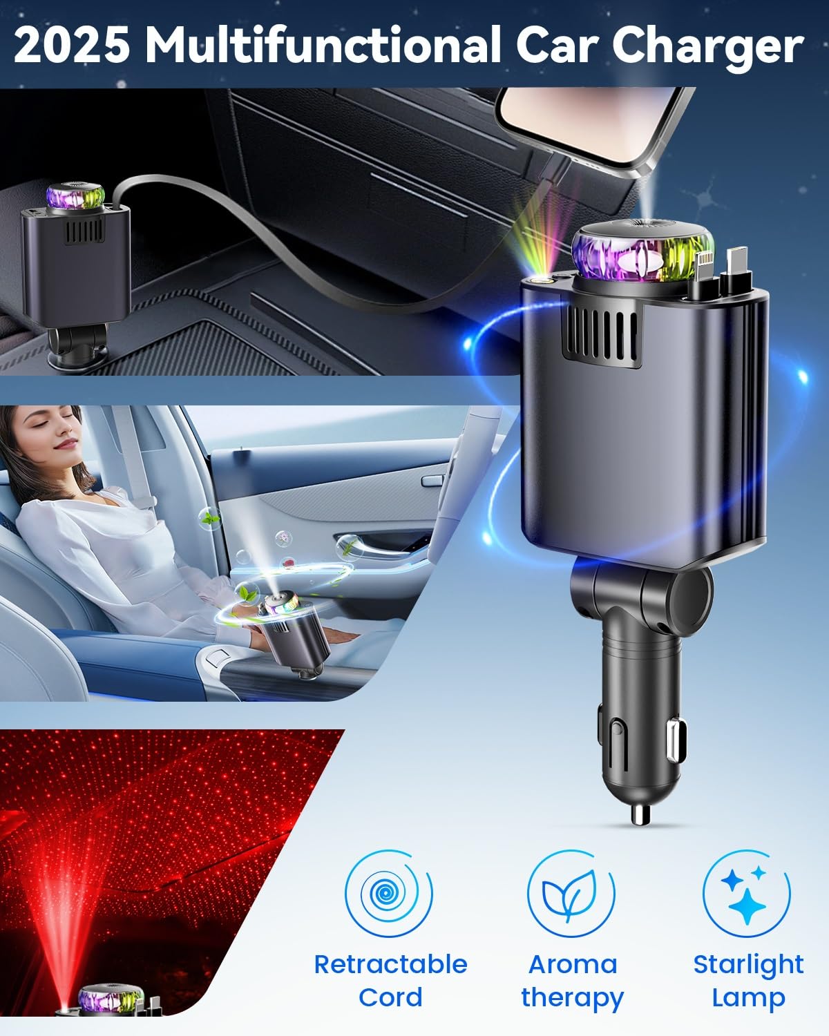 The Car Charger with Air Freshener Diffuser & Star Lights,Multi Port Cigarette Lighter Adapter for iPhone Car Phone Charger USB-C/Type-C Fast Charging with 2 Retractable Cable,Car Aromatherapy