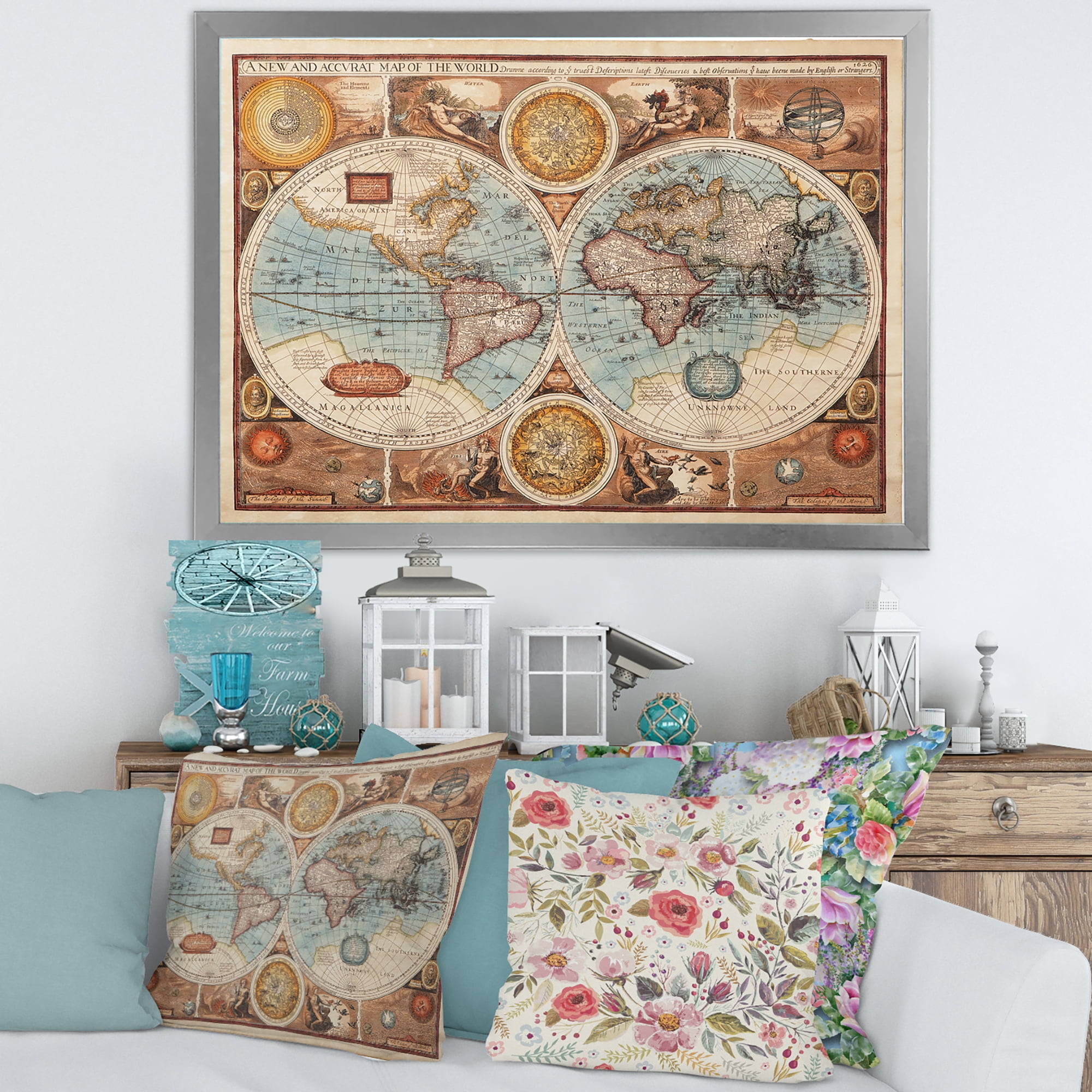 Designart 'Vintage Map of The World VIII' Vintage Framed Art Print