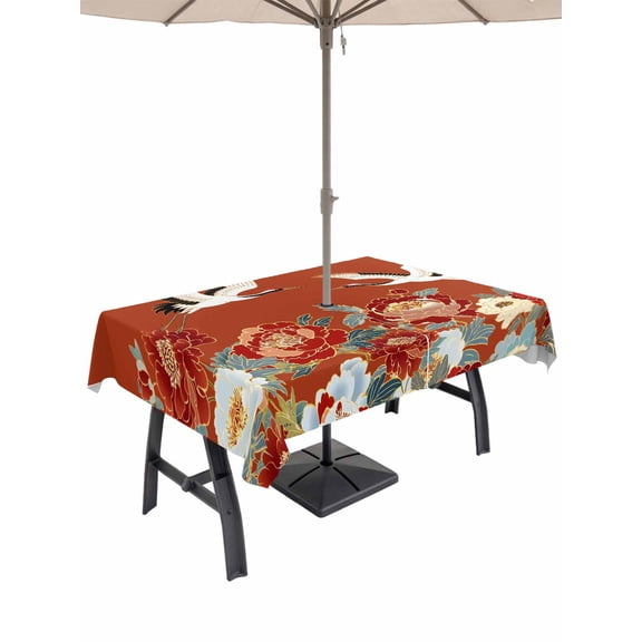 Outdoor Tablecloth with Umbrella Hole for Patio/Picnic/Party/Camping, Country Flowers Waterproof Table Cloth Rectangle Table Cover Washable, Red Japanese Peony Floral White Bird (54"x 80")