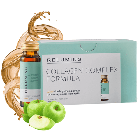 Relumins Advanced Collagen Beauty Drink with Glutathione, Hyaluronic Acid & Antioxidants, Post-Summer Skin Recovery & Shots for Radiant Skin, Hair & Nails, Made in USA, Apple Flavor - 10 Bottlesx50mL