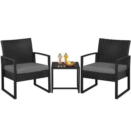 Alden Design 3-Piece Bistro Set with Rattan Chairs for Outdoor Patio and Balcony Black Cushions