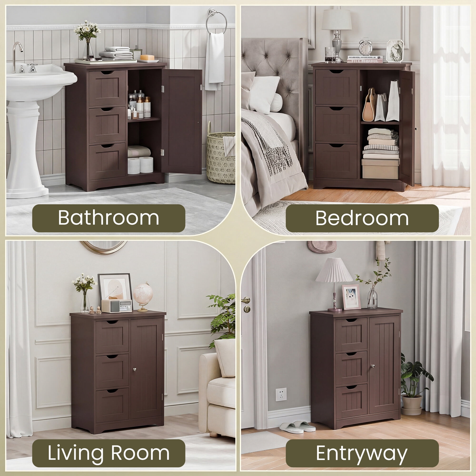 ZENSTYLE Bathroom Cabinet 3 Drawers Storage Organizer Floor Cupboard Home Decor Brown