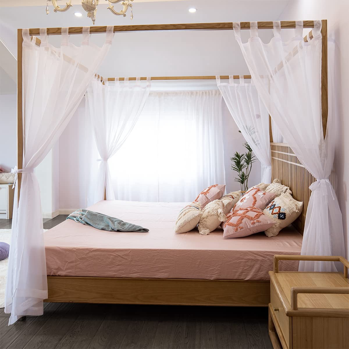 Sheer Bed Curtains For King  Queen Full And 4 Corner Canopies & Drapes Four Poster Beds White