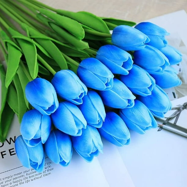 16 flores artificiales de tulipanes azules, ramo de tulipanes de poliuretano sintético falso, flor de tacto real + para boda, fiesta, hogar, jardín, oficina, bricolaje, arreglo floral, decoración brillar Juguete