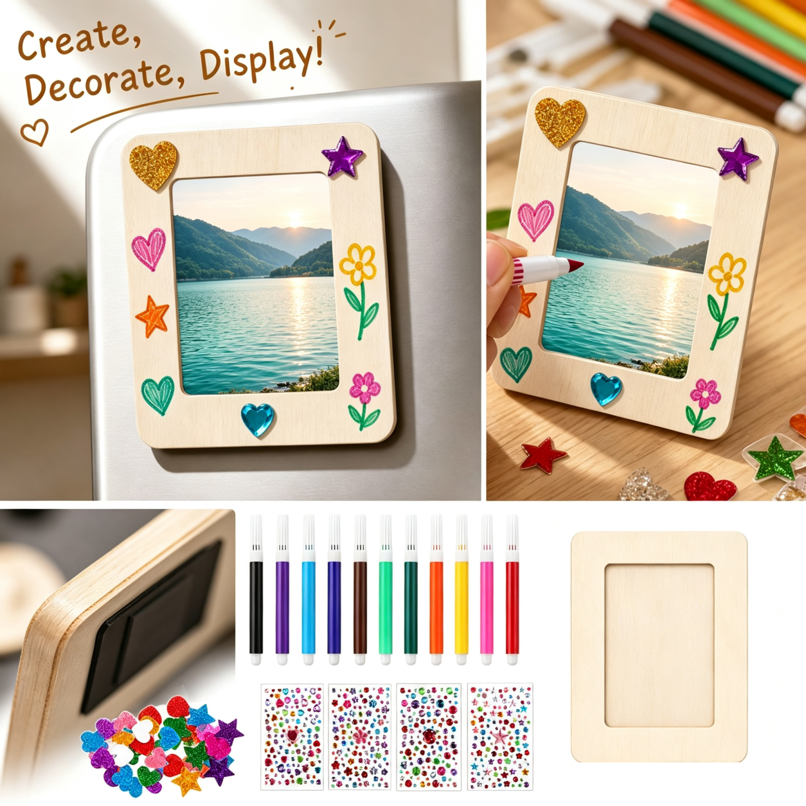12 Piece Mini Wooden Magnetic Picture Frame Craft Kit with Diy Paint Markers Sparkle & Diamond Diy Painting Kits for Adults and Kids Craft Supplies for Fridge Picture Frame