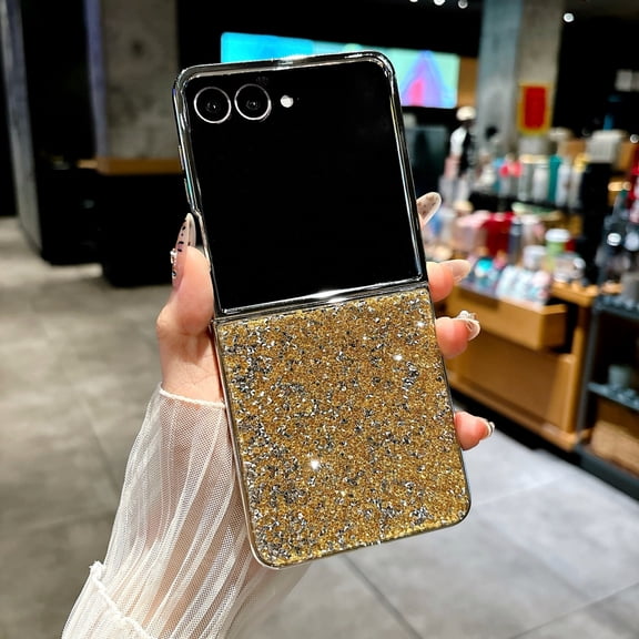 Dteck Glitter Case for Samsung Galaxy Z Flip 5, Electroplated PC Case Sparkle Protective Luxury Bling Shiny Shockproof Cover for Galaxy Z Flip 5,Gold