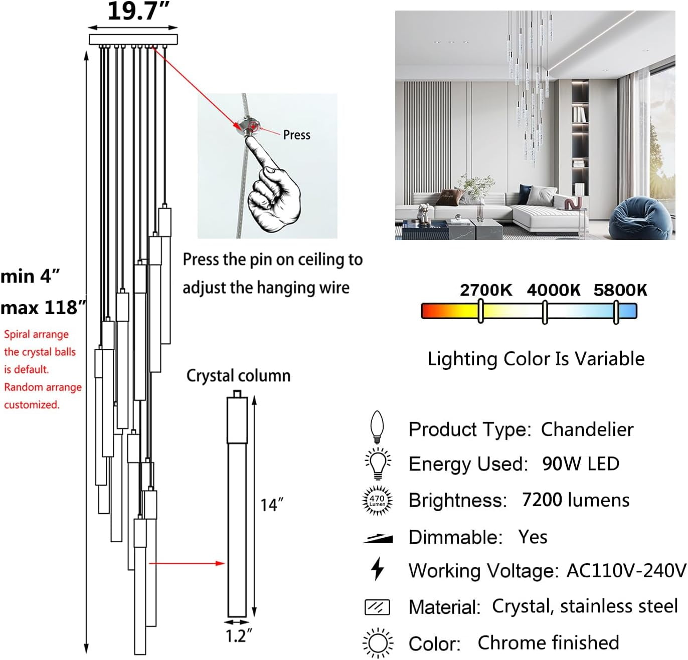 Modern Crystal Chandelier Dimmable LED Pendant Light Fixture 18-Light Silver Staircase Mini Chandelier Lobby Living Room Bedroom Foyer Flush Mount High Ceiling Light Fixtures(90W)