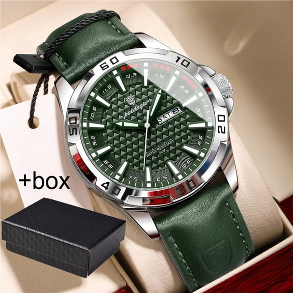 POEDAGAR Mens Sport Leather Quartz Watch Luminous Hands Date Week Display Waterproof Casual Daily Wristwatch For Men