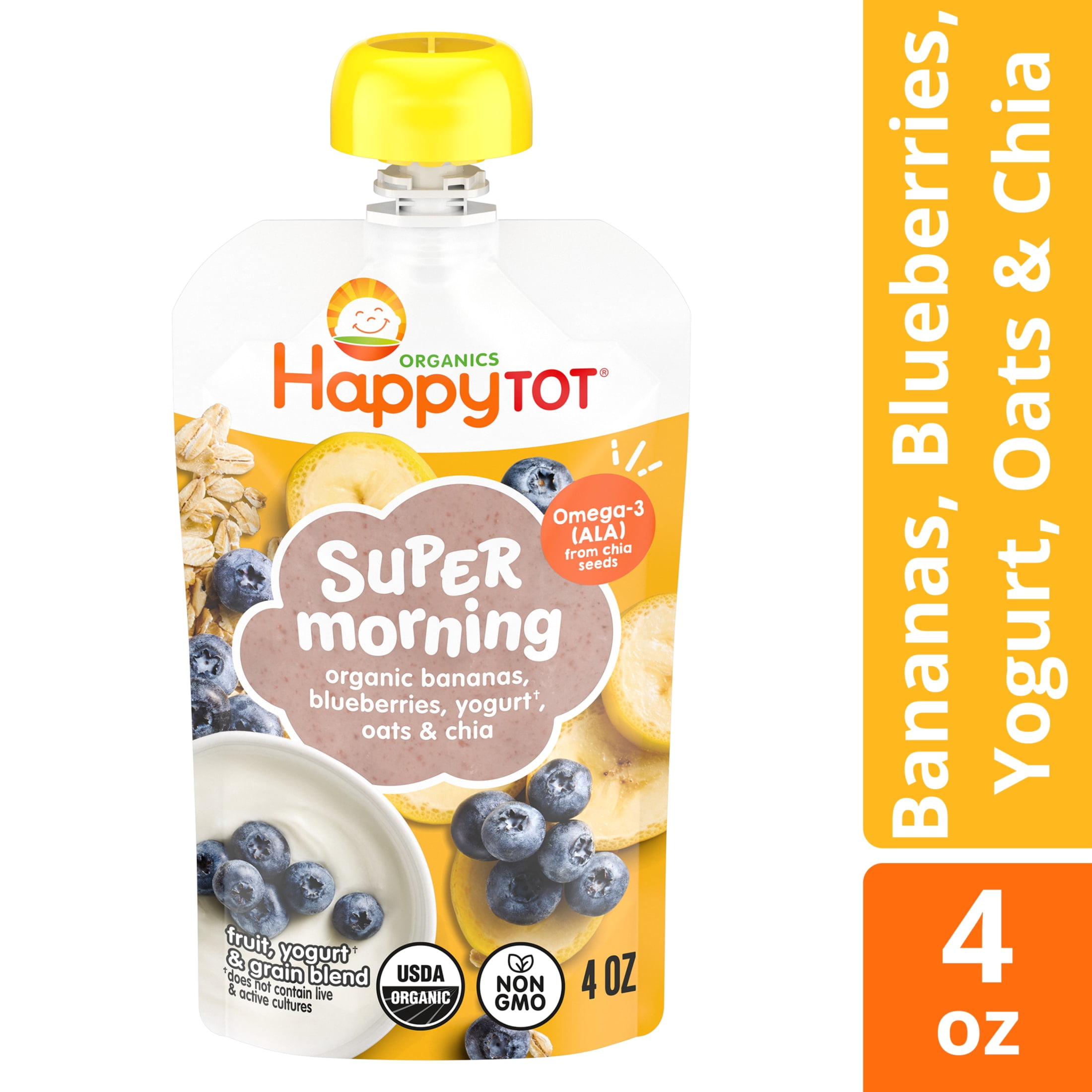 (12 pack) Happy Tot Organics Super Morning Stage 4, Bananas Blueberries Yogurt & Oats, Organic Tot Food, 4 oz. Pouch