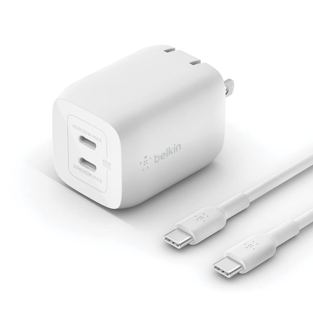 Cargador de pared Belkin BoostCharge Pro 65W Dual USB-C GaN blanco