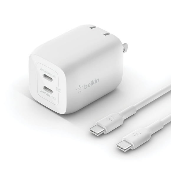 Cargador de pared Belkin BoostCharge Pro 65W Dual USB-C GaN blanco