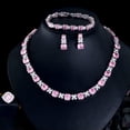 thumbnail image 2 of CZ Square Flower Pink Necklace Ring 4pc Bridal Banquet Silver Plated Jewelry Set, 2 of 9