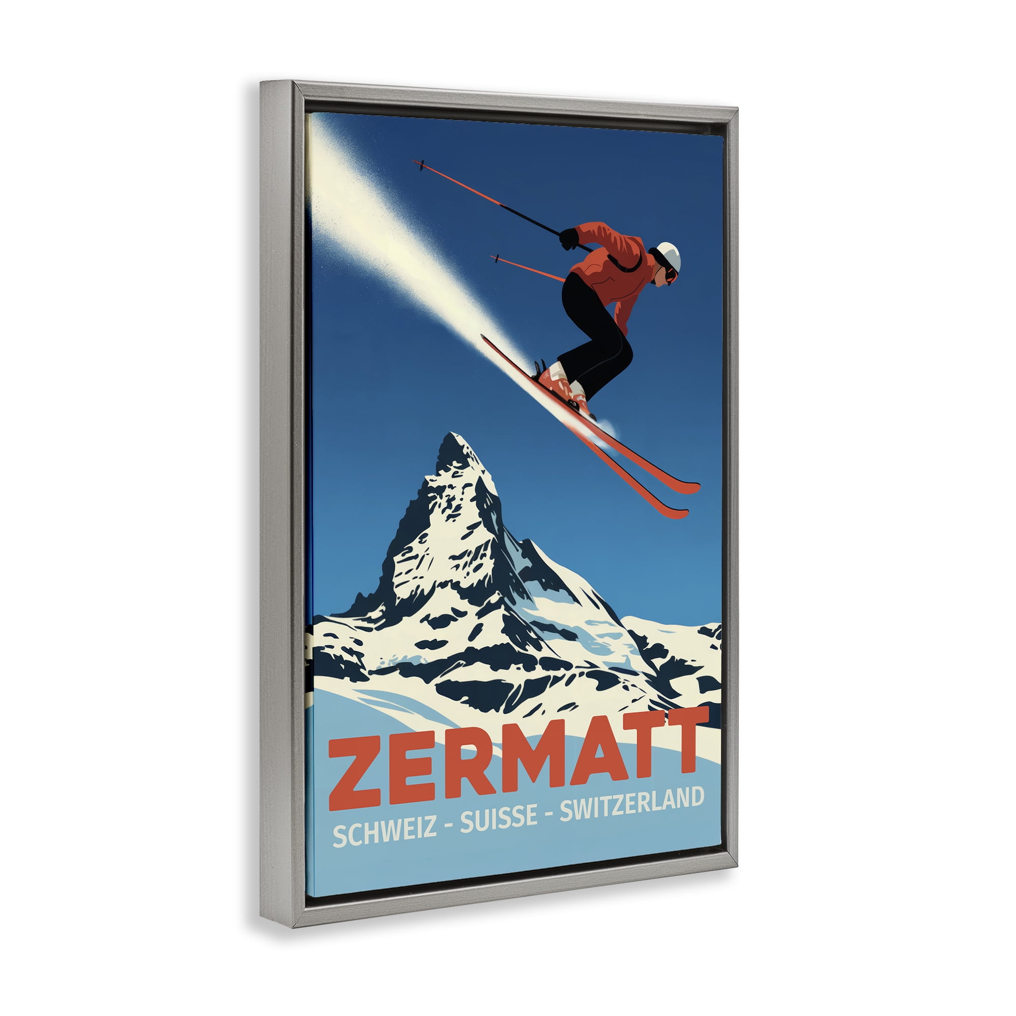 Stupell Industries Zermatt Ski Poster Gray Framed Floater Canvas Wall Art, design by Andreas Magnusson