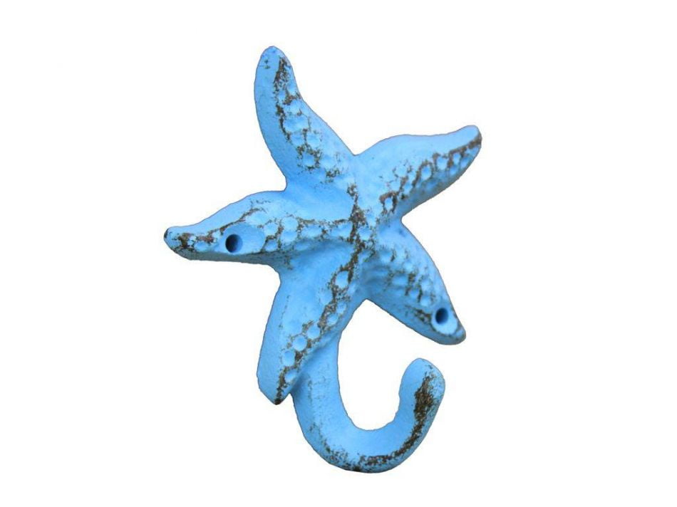 Star Fish Hook Hand Made Wood and Metal Blue and White 