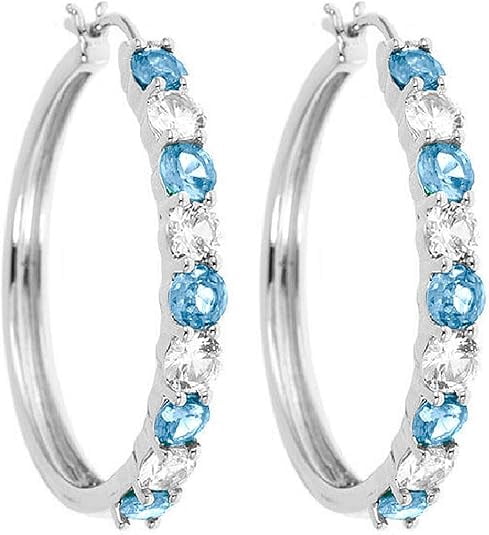 Beyond Brilliance Silver Finish Over Brass Round Blue Topaz and White Sapphire Hoop Earrings for Women