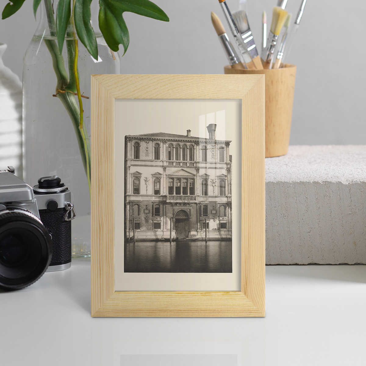Vintage Views of Venice I - Framed Print w/glass - Natural Wood