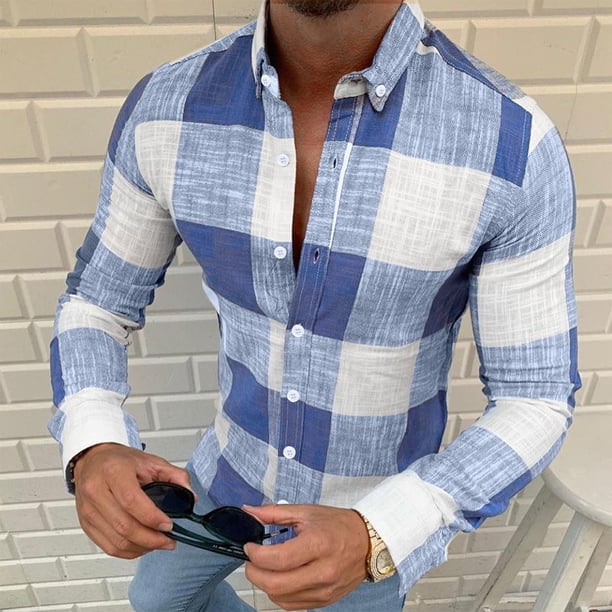 Blusa y camisa de manga larga con cuello vuelto para hombre, estilo informal, a la moda, con estampado de celosía y botones, con bolsillo tipo cárdigan, blusa de manga larga con cuello vuelto, blusa d