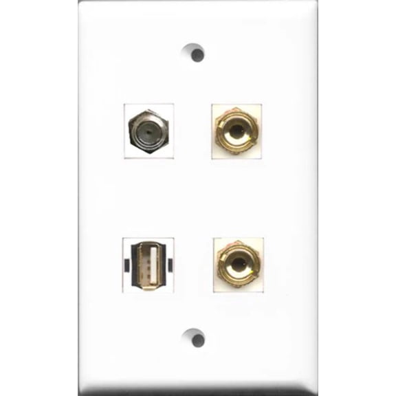 RiteAV 1 Port Coax Cable TV- F-Type and 1 Port USB A-A 2 Port Banana Speaker Wall Plate