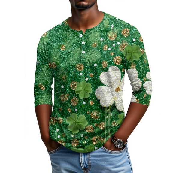 Men's St. Patrick's Day Shamrock Henley Shirt 3/4 Sleeve Casual Clover Print Top