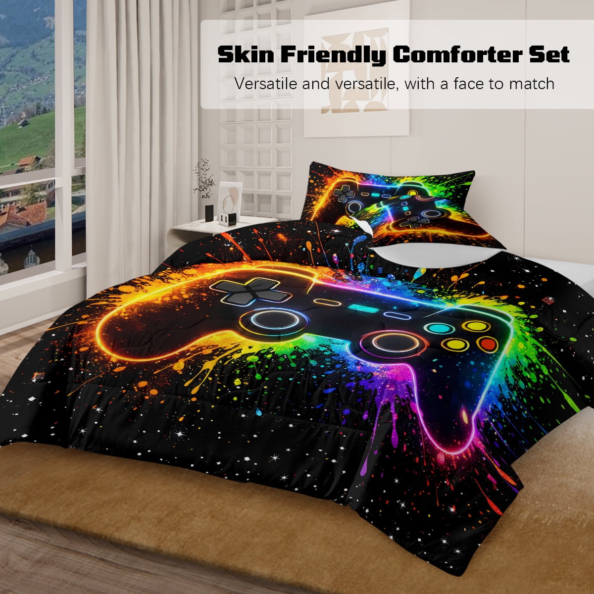 BlessLiving 3Pcs Game Controller Comforter Set Queen Size Gaming Bedding Set for Kids Boys Gamer, Black