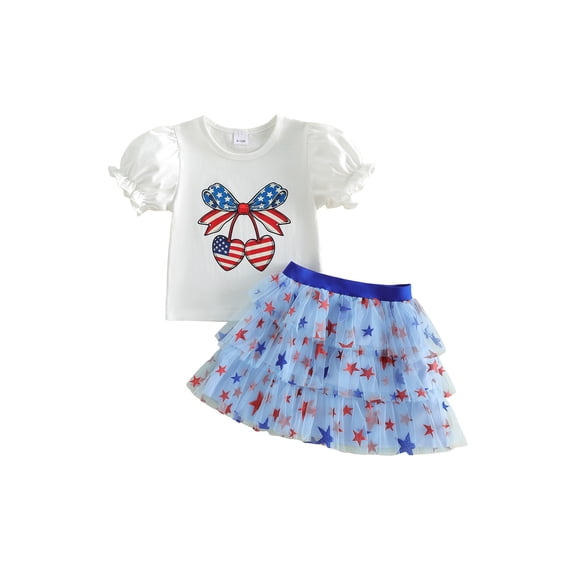 BemeyourBBs Kids Toddler Baby Girl 4th of July Outfit Patriot Independent Day Summer Clothes 12 18 24 Months 2 3 4 5 Years Cute Bow Star Print Short Sleeve T Shirt Tops and Tulle Tutu Skirt Set