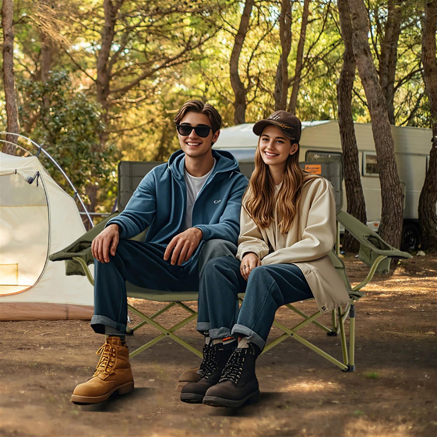 Demi Bonn Outdoor Oversized Camping Chair with Cup Holders and Thick Padding, Folding Loveseat Camping Couch for Yard, Garden, Patio, Green