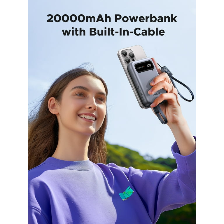 UGREEN 20000mAh Power Bank with 2 Built in Cables, Fast Portable Charger with Digital Display, Gray
