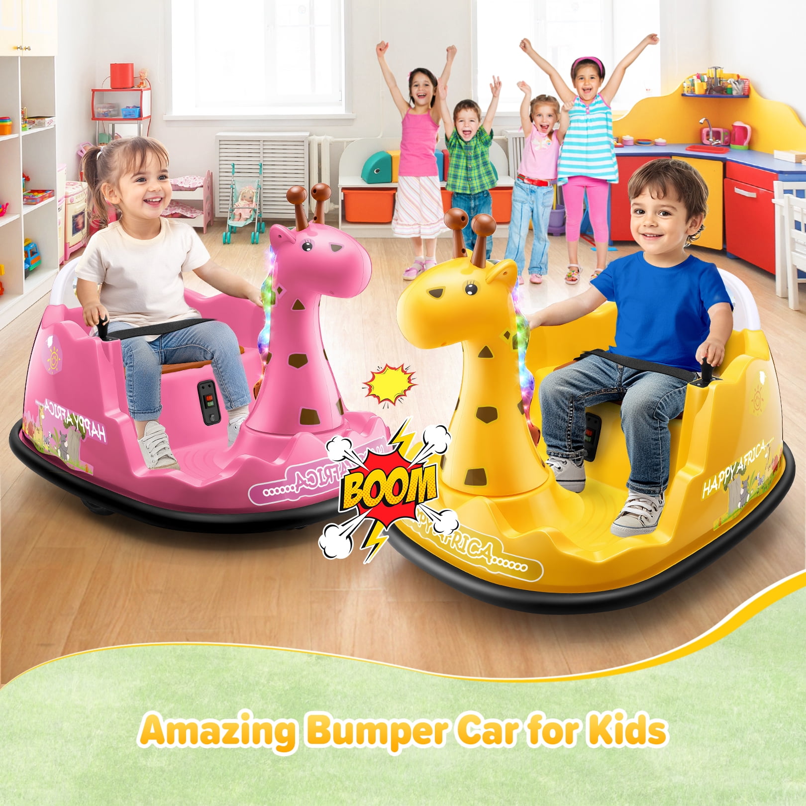 Funcid 12V Electric Giraffe Bumper Car for Toddler, Baby Bumper Car with Remote Control, Kids Ride on Toy for Boys Girls 2+, 360° Spin, LED Lights, Music, Yellow