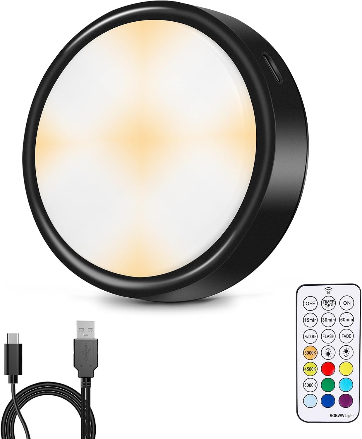 Puck Lights With Remote & Timer - Battery Operated LED Under Cabinet Lights, RGB Color Changing, Dimmable Stick-On Lights, 4 Pack White