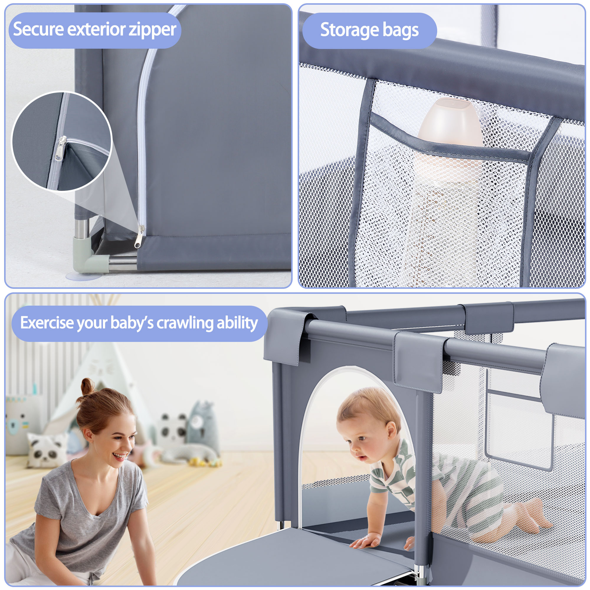 Babyeap Large Portable Baby Playpen with Zipper Door photo 3