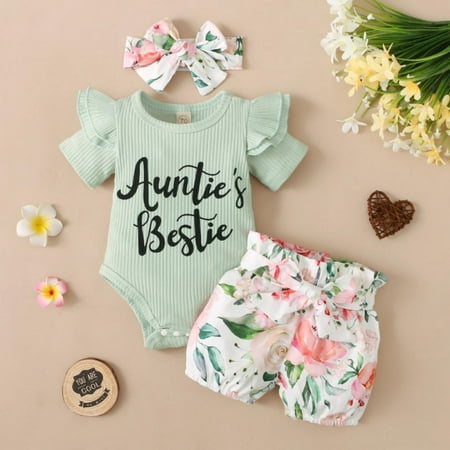 

Uccdo 3Pcs Infant Newborn Baby Girls Outfits Romper Shorts Set Ruffle Bodysuit + Floral Shorts + Headband for Baby Girl 0-18 Months