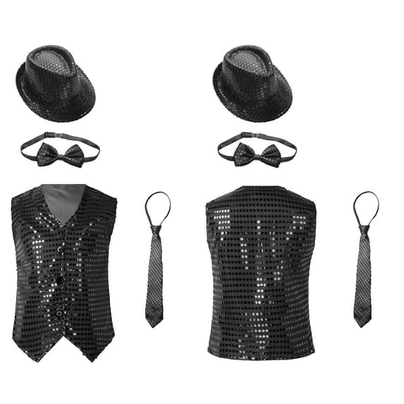 renvena Unisex Kids Jazz Hip-hop Dance Sequins Tank Top Vest with Hat and Bowtie Necktie Waistcoat Set Black 7-8