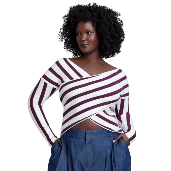 ELOQUII Women's Plus Size Striped Wrap Front Cropped Sweater