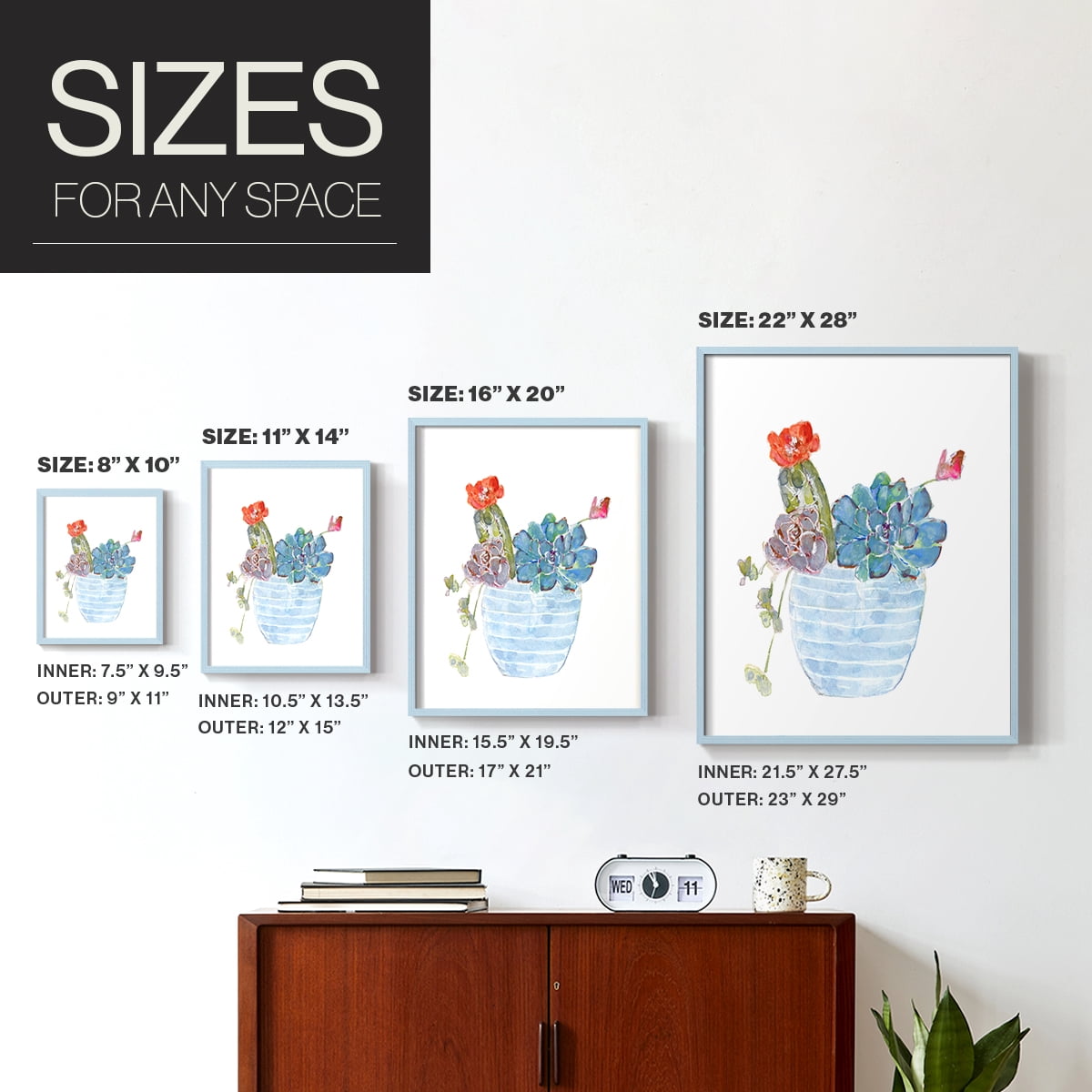 Cactus and Succulent Blooms I Framed Print in Blue Solid Wood Framed Print No Nail Hanging
