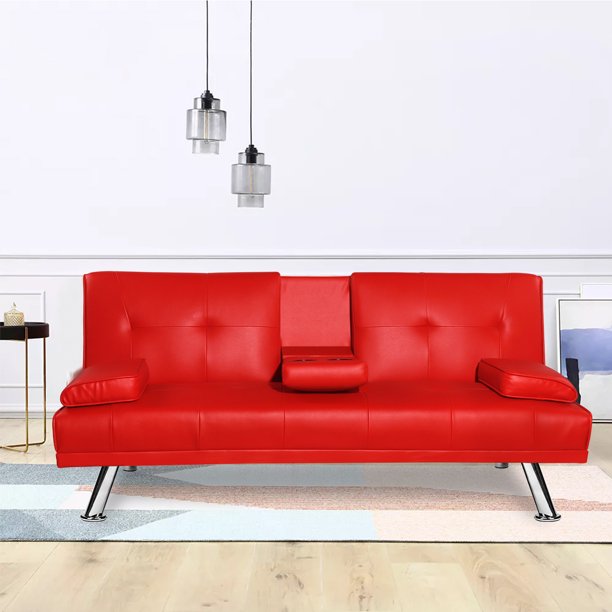 Futon Couch Bed Urhomepro Modern Upholstery Faux Leather Convertible Sofa W Armrest Metal Legs 2 Cup Holders Adjustable Backrest 3 Seat Couches And Sofas Living Room Furniture Red W13674 Com Faux Leather Convertible Sofa Bed, Red Leather Sofa With Nailhead Trimmer