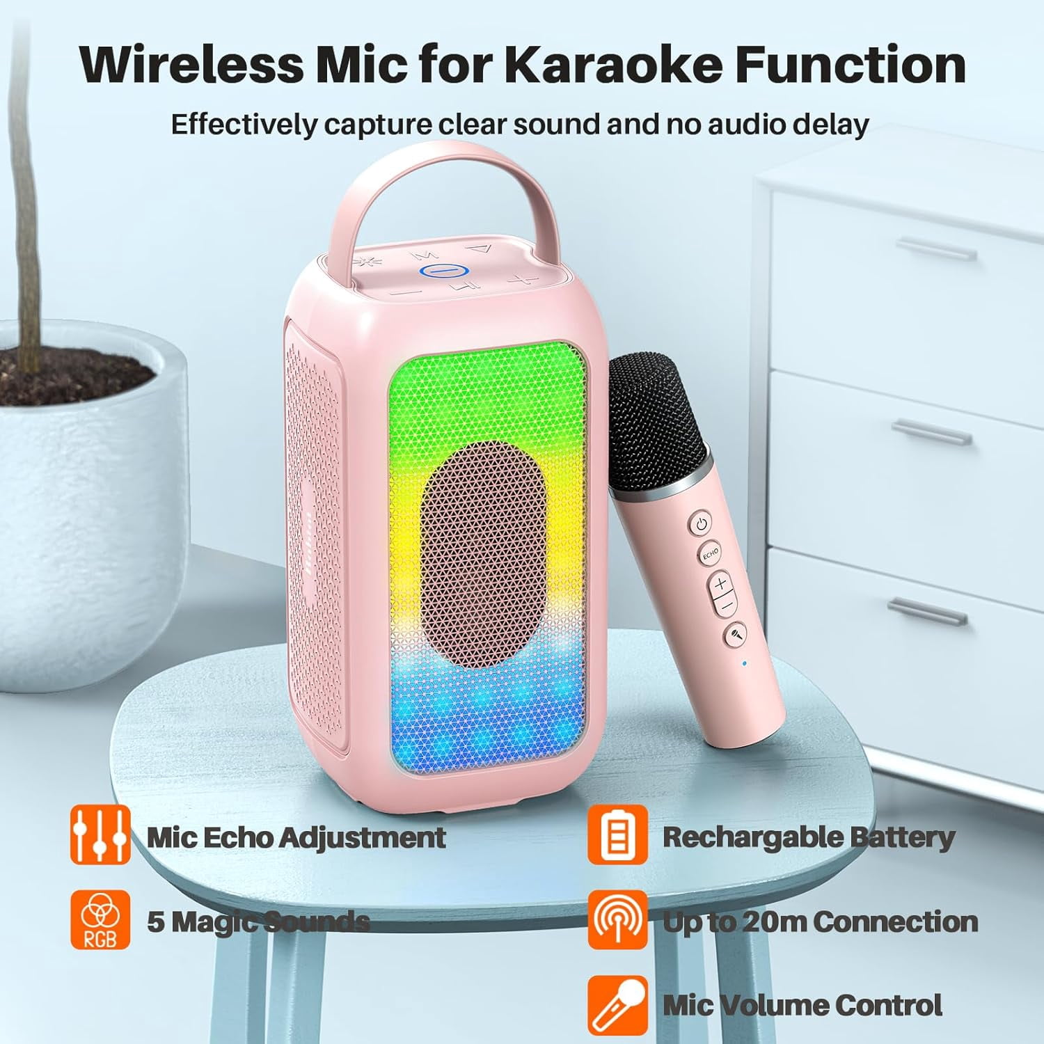 Bobtot Portable Bluetooth Speaker RGB Music Sync Ambient Light Portable Home Family Karaoke With Microphone Magic Voice,Deep Bass,Supports AUX,USB,FM Indoor Outdoor Party Singing Player（Pink）