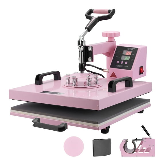 KFFKFF Heat Press Machine, 15 x 15 inch, 5-in-1 Transfer Tool with 30 oz Tumbler Attachment, 360° Swing-Away Design, Digital Control Panel, Suitable for T-Shirts, Mugs, Hats, and Plates, Pink