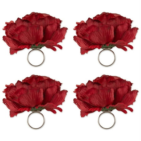 Flower Napkin Rings DII Napkin Rings Family Dinners, Weddings, Outdoor Parties Everyday Use - Peony Flowers Deep Red, Set of 4 ()