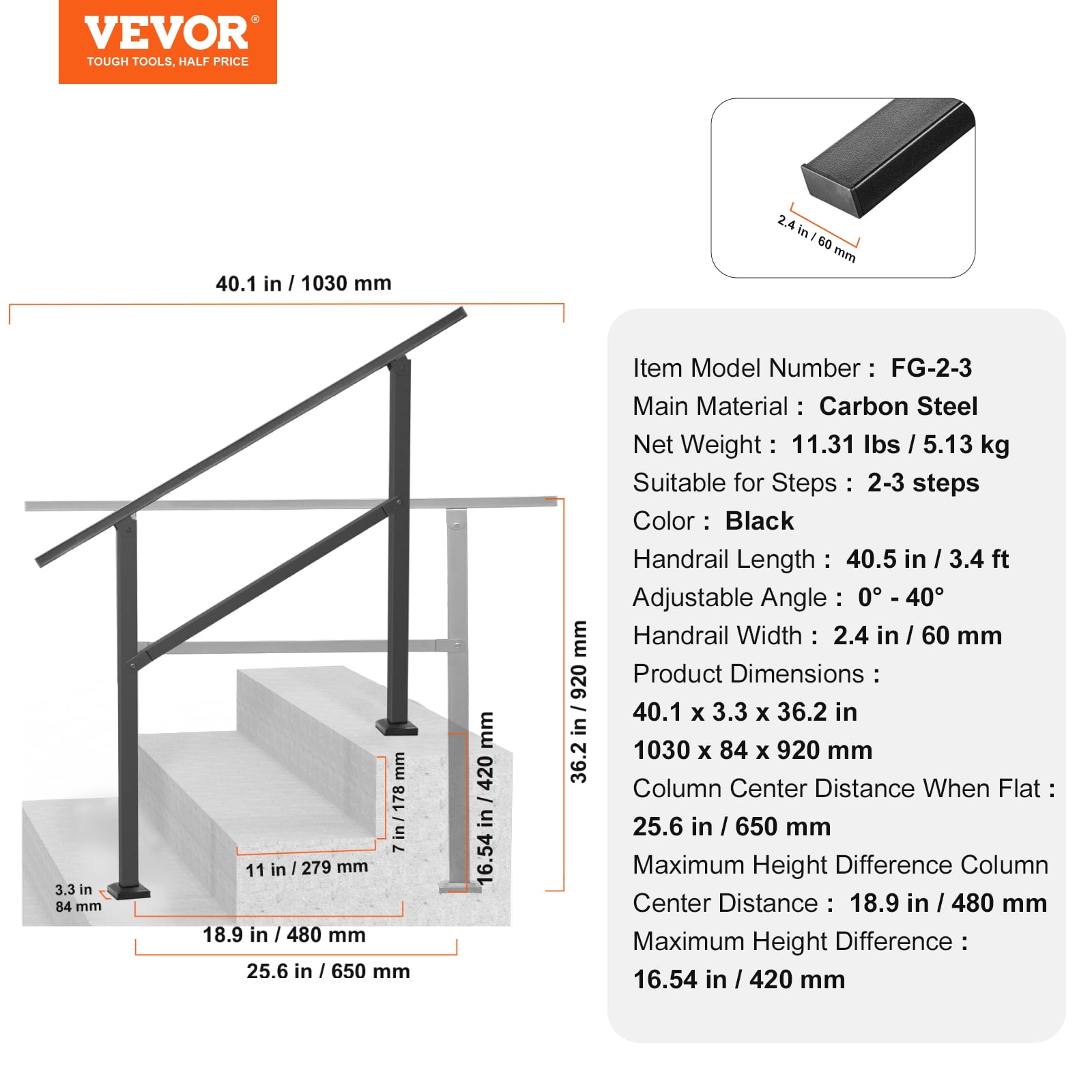 VEVOR Outdoor Handrails for Steps, 2-3 Step Stair Rail Kit, Black Square Tube with Horizontal Bar, Carbon Steel Support Rails for Seniors