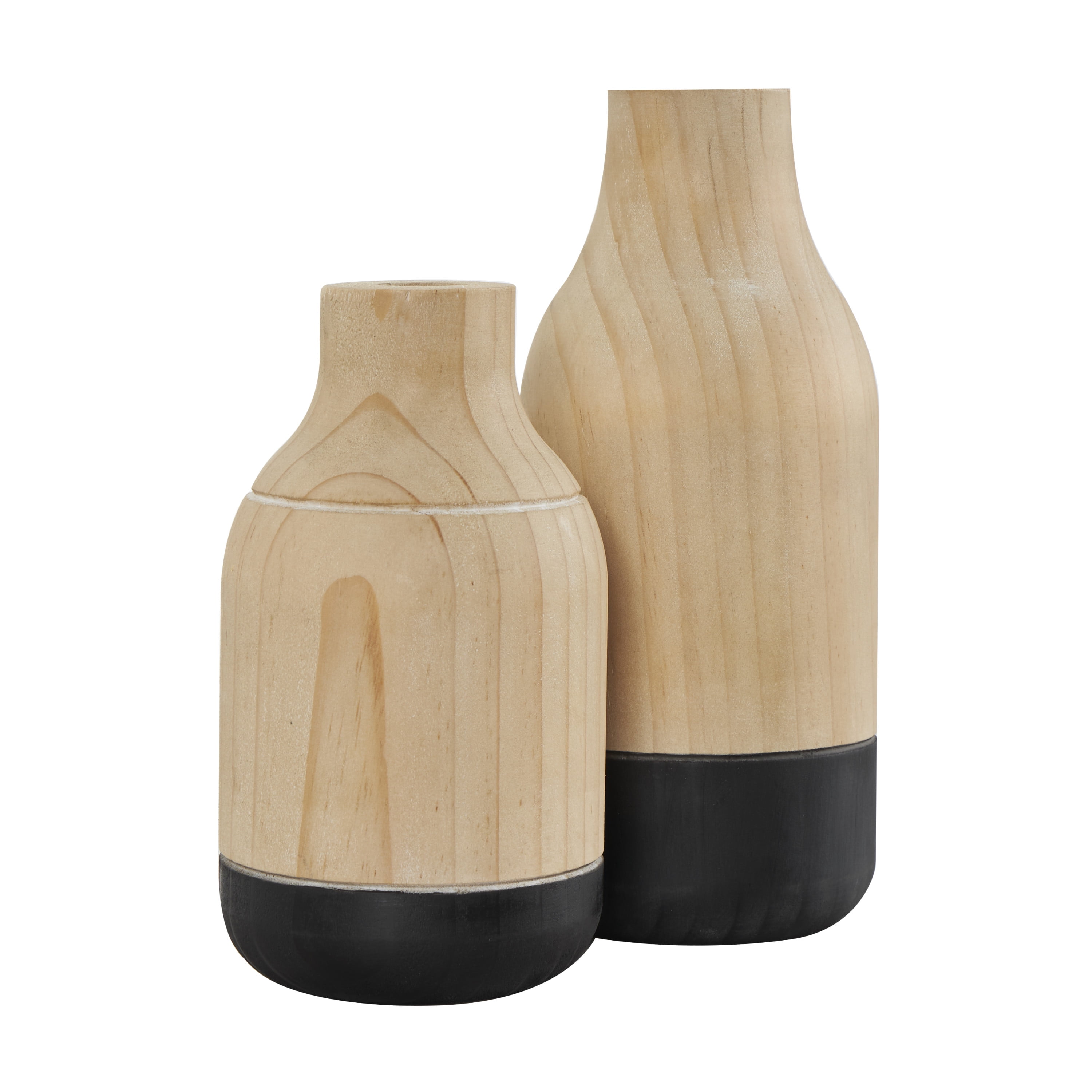 DecMode 9", 7"H Colorblock Light Brown Wood Vase with Black Bases, Set of 2