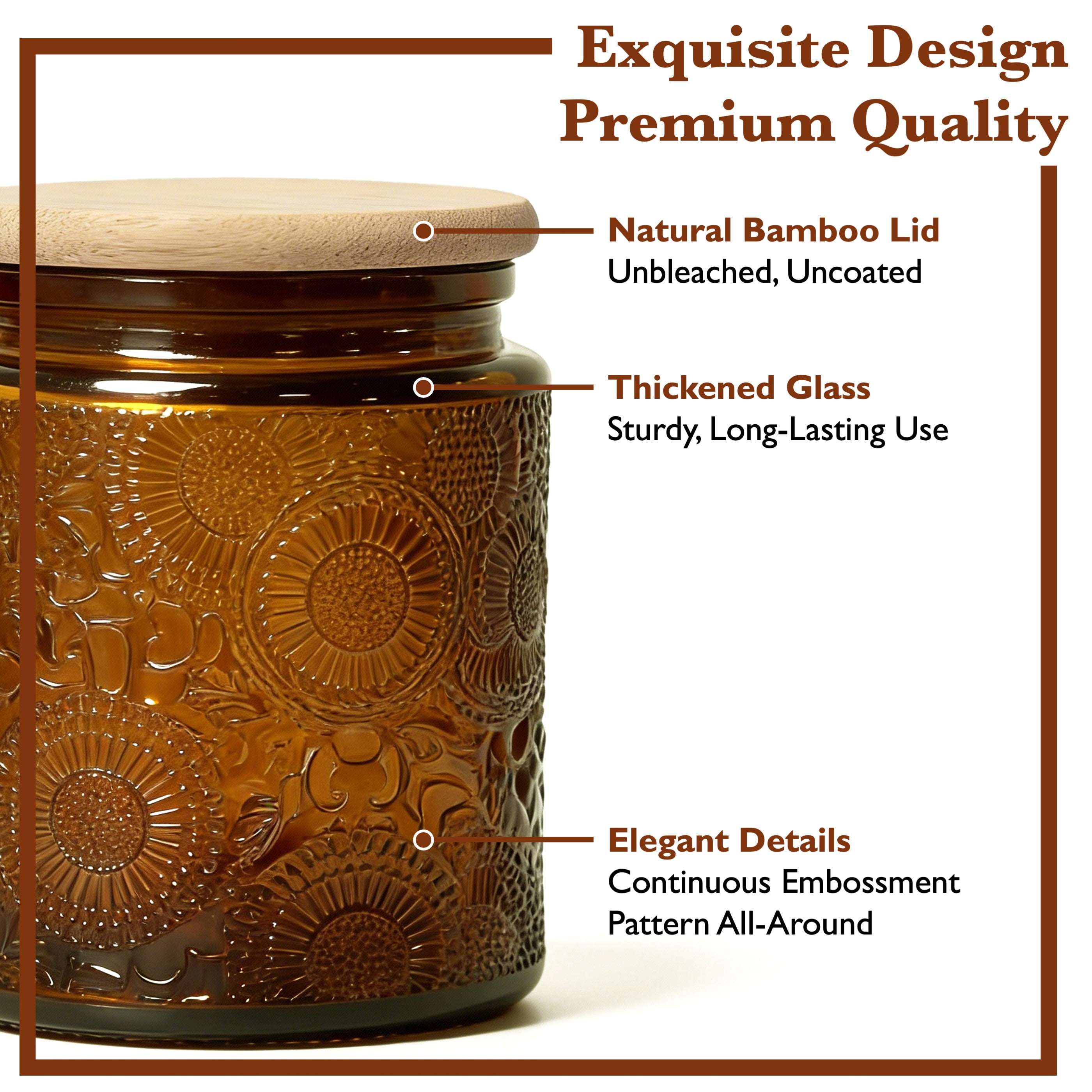 LINGSHINE 8oz Dark Amber Glass Jars with Reusable Bamboo Lids, 6 pack Embossed, Home Décor Food Storage Candle Parties Wedding Baby Shower Favors Gift