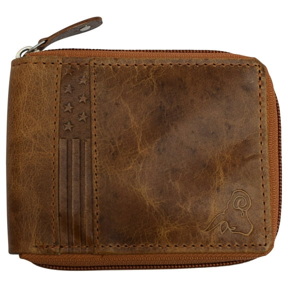 RFID Blocking Men's Zipper Genuine Leather Zip-Around ID Bifold Wallet USA Series