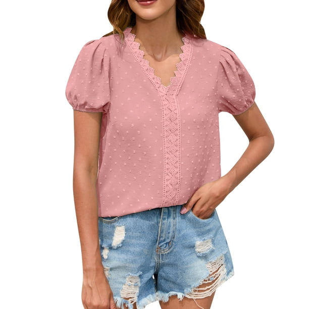 Gibobby Camisas mexicanas con cuello en V para mujer Top mujer manga corta con cuello en V color sólido con personalidad Diseño simple y exquisito informal(Rosa,G)