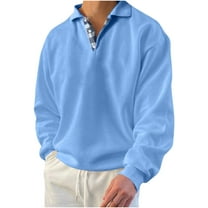 HOOMEUMY Men's Long Sleeve Golf Shirt Button Down Tops Checkered Collar Sweatshirt Loose Fit T-Shirt Solid Color Soft Comfortable Light Blue M